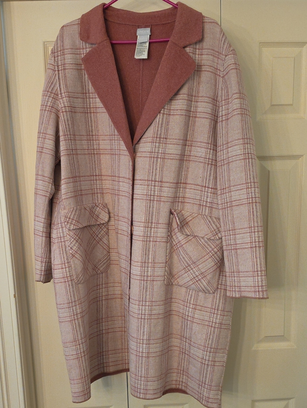 Chico's Pink Plaid Long Pea Coat